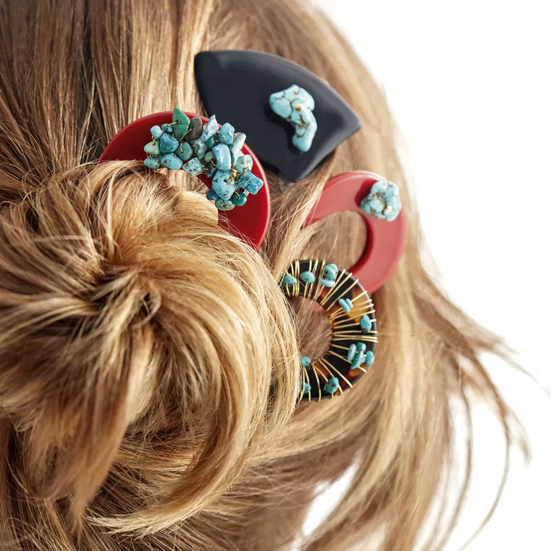 Gas Bijoux Bijou De Cheveux Caliste Turquoise David Lucas Grand Modele Acetate Dore-Rouge