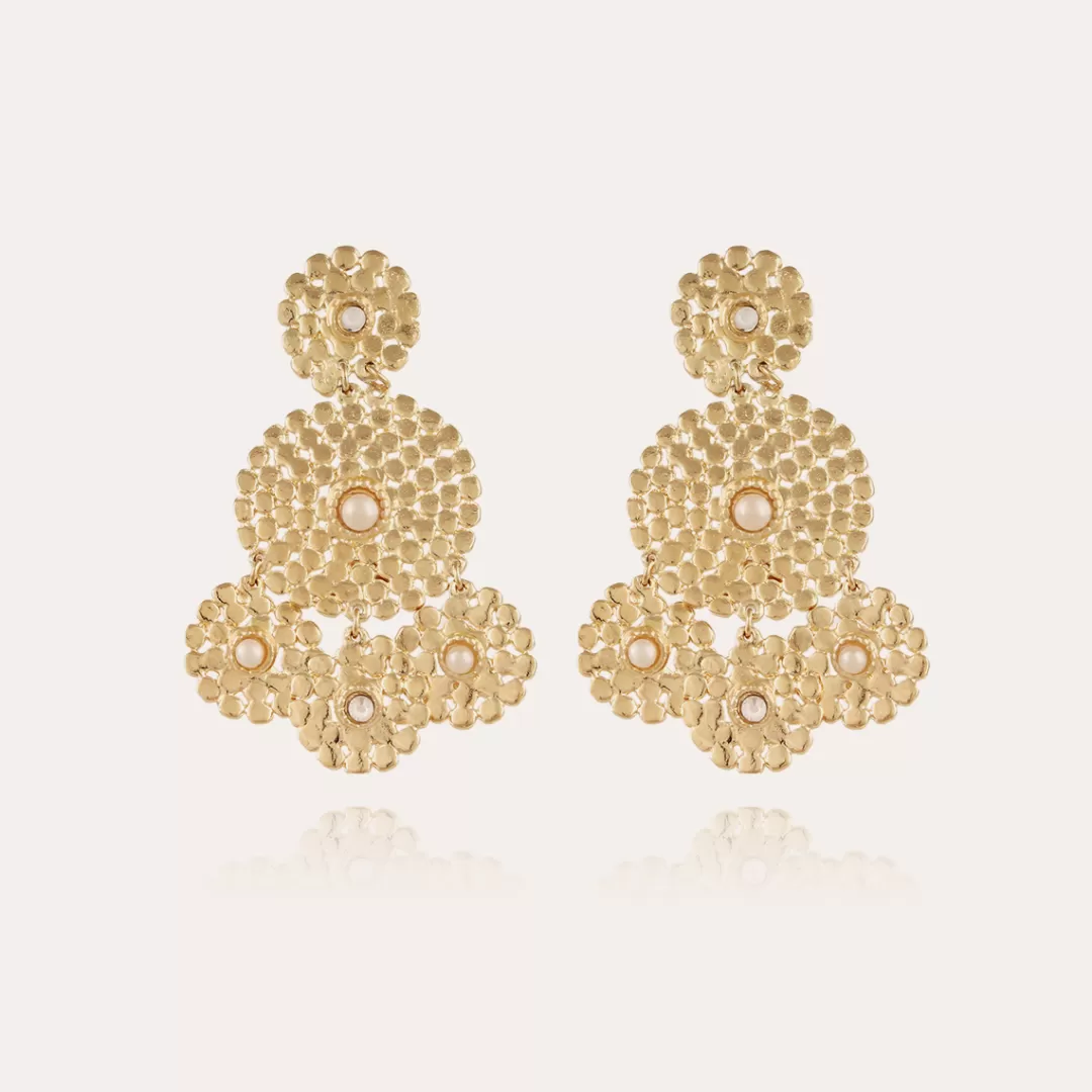 Gas Bijoux Boucles D'Oreilles Lucky Sequin Cabochons Petit Modele Dorees-Nacre Blanche & Strass
