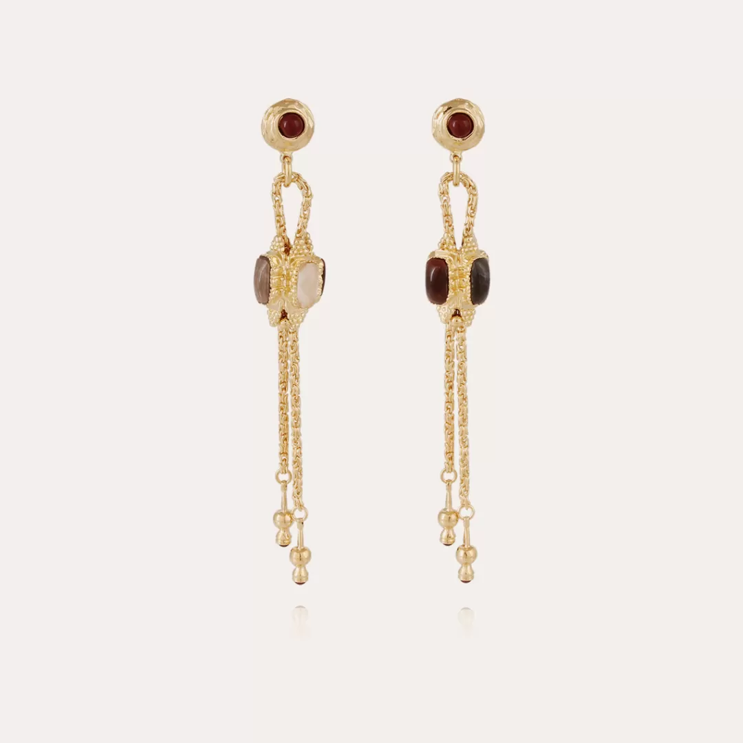 Gas Bijoux Boucles D'Oreilles Serti Talisman Grand Modele Dore-Jaspe Rouge, Cristal De Roche & Bois Silicifie