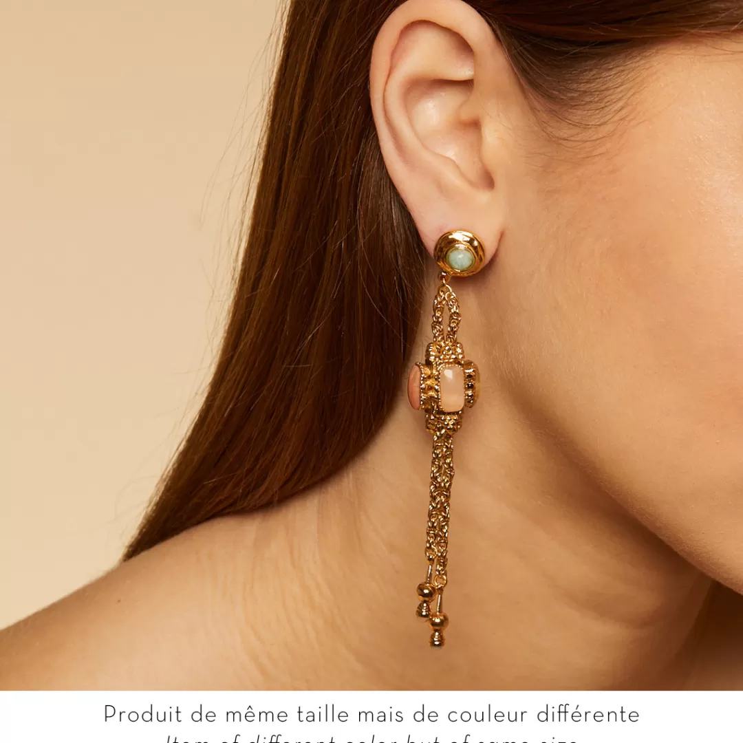 Gas Bijoux Boucles D'Oreilles Serti Talisman Grand Modele Dore-Jaspe Rouge, Cristal De Roche & Bois Silicifie
