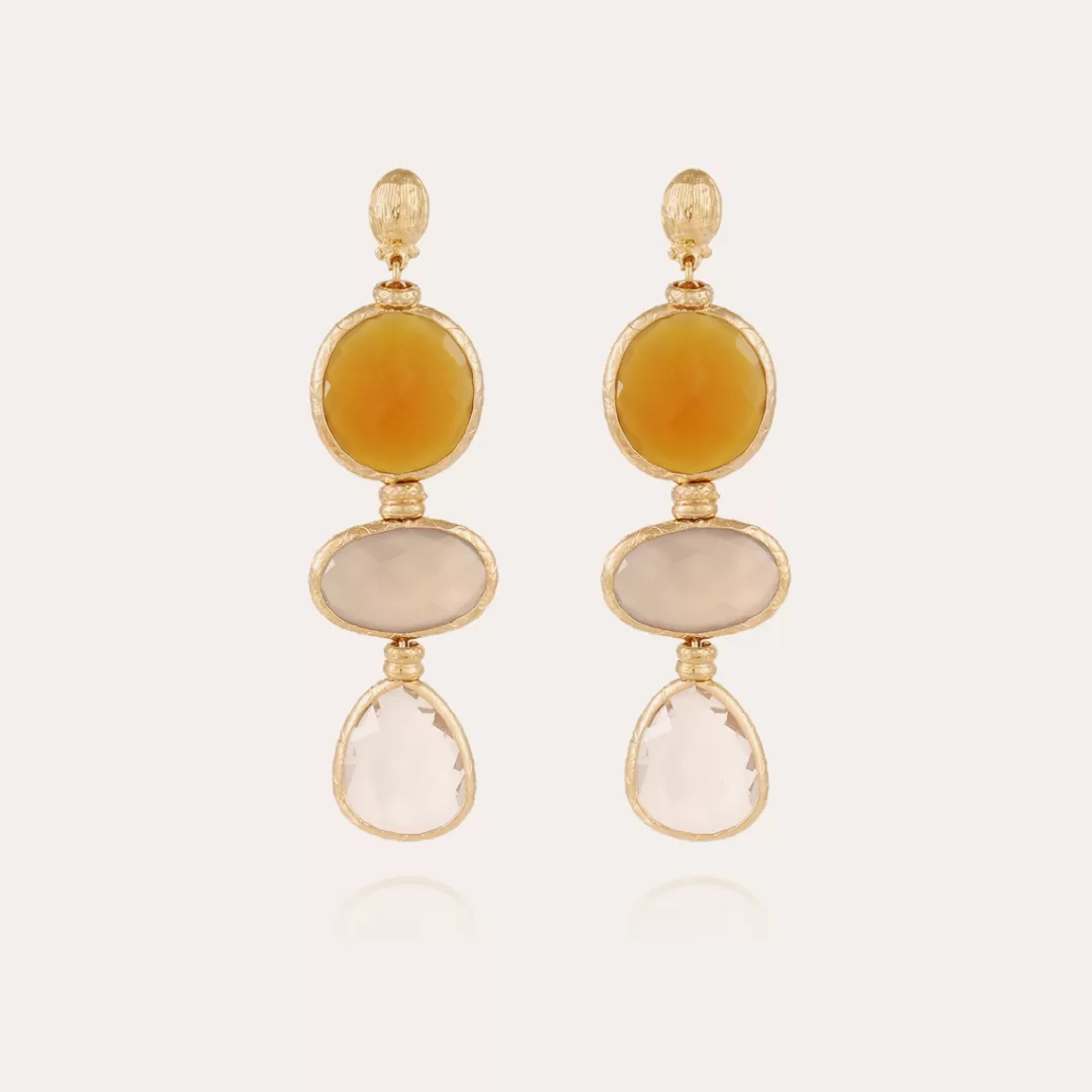 Gas Bijoux Boucles D'Oreilles Silene Grand Modele Dorees-Calcite Jaune, Pierre De Lune & Cristal-Piece Exclusive (4 Pieces)
