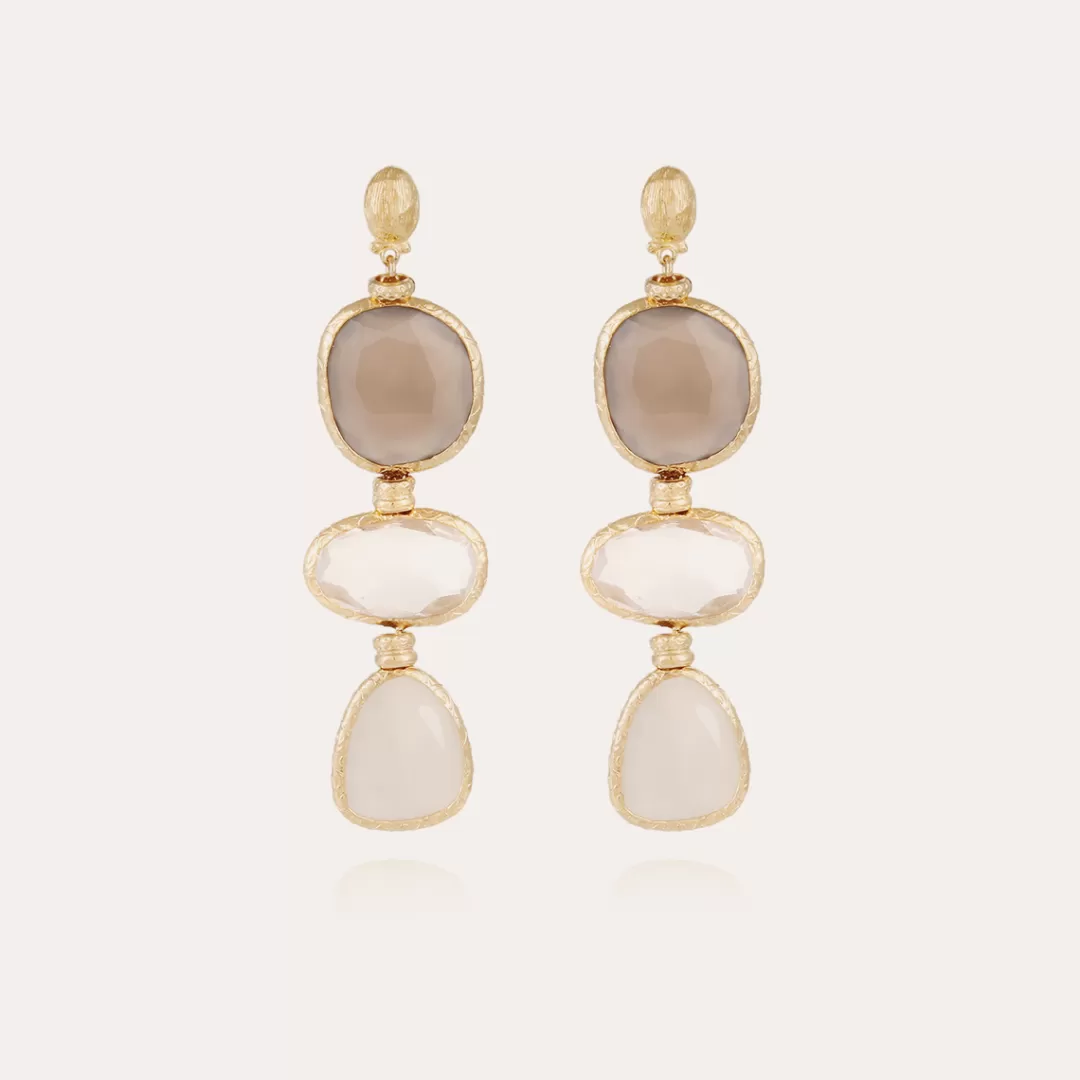 Gas Bijoux Boucles D'Oreilles Silene Grand Modele Dorees-Quartz Fume, Cristal & Pierre De Lune