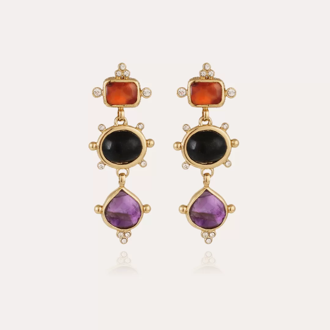Gas Bijoux Boucles D'Oreilles Tiki 3 Rangs Dorees-Cornaline, Balsate Noir & Amethyste