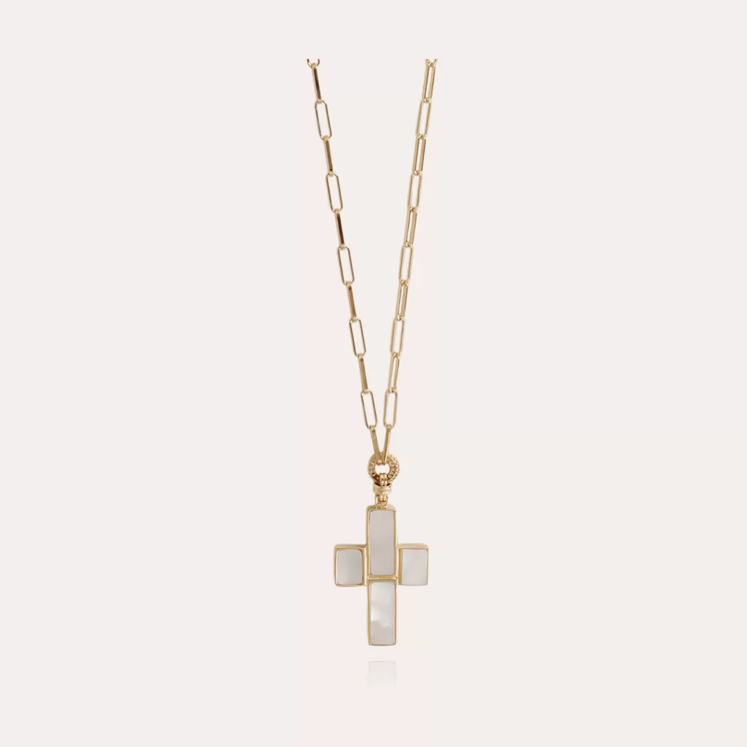 Gas Bijoux Sautoir Croix Dore-Nacre Blanche