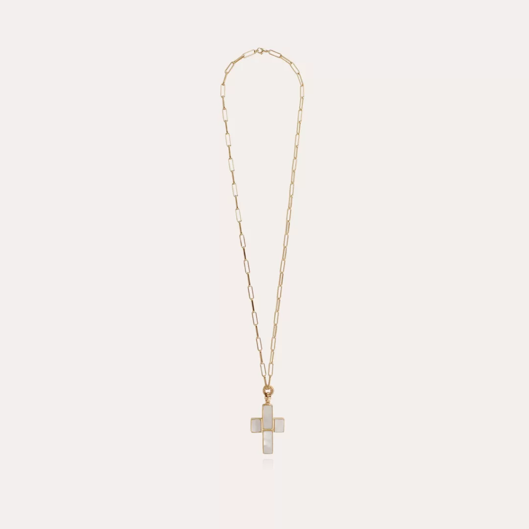 Gas Bijoux Sautoir Croix Dore-Nacre Blanche