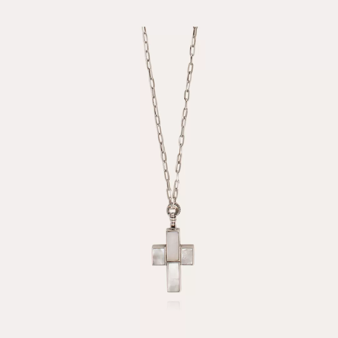Gas Bijoux Sautoir Croix Pierre Argente-Nacre Blanche