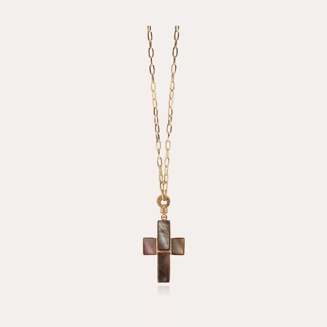 Gas Bijoux Sautoir Croix Serti Dore-Nacre Grise