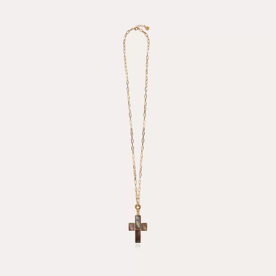 Gas Bijoux Sautoir Croix Serti Dore-Nacre Grise