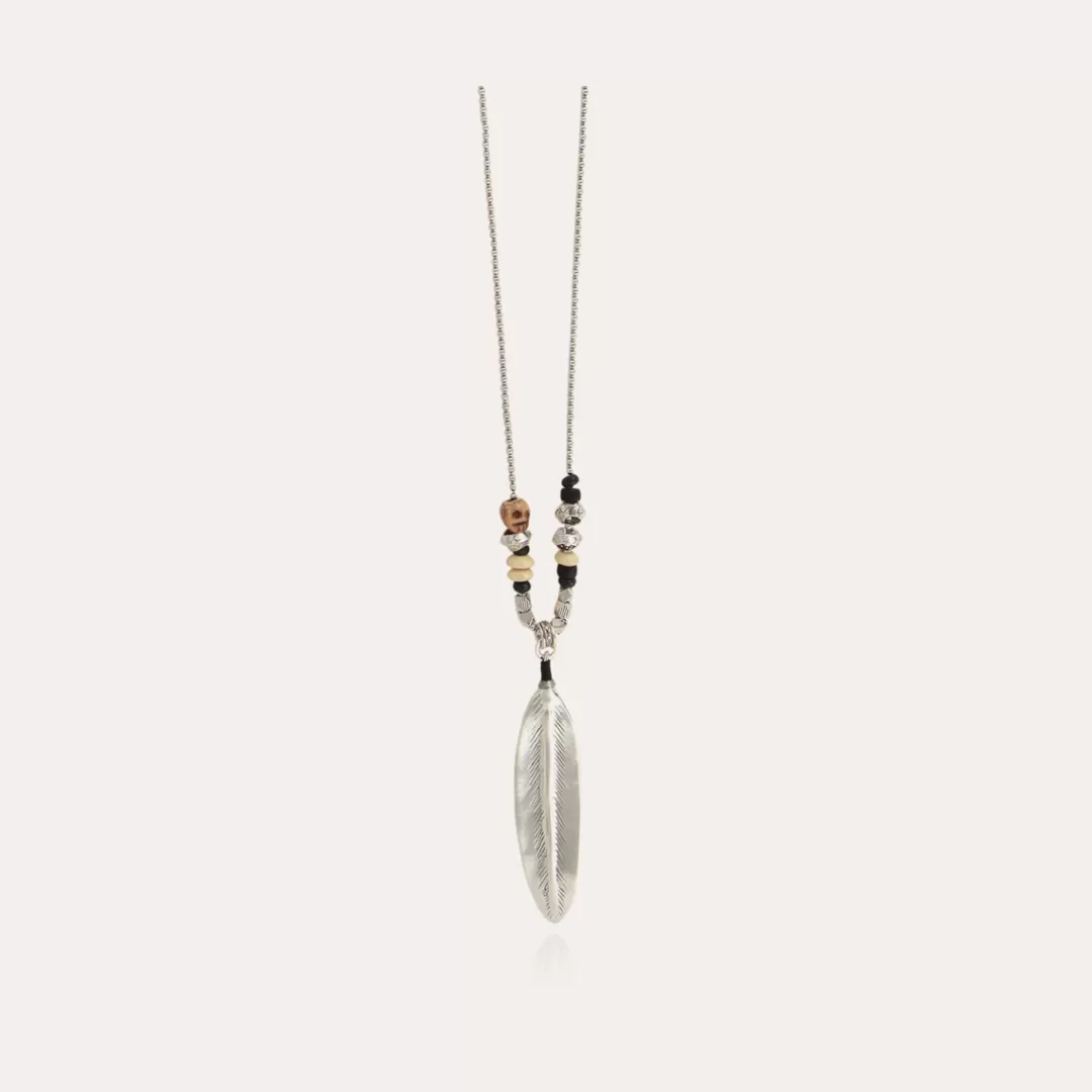 Gas Bijoux Sautoir Plume Gravee Bis Homme Argente
