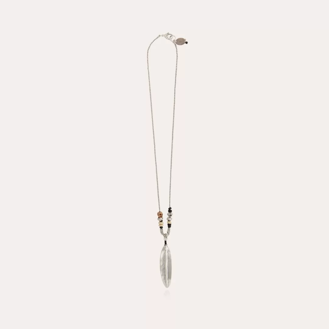Gas Bijoux Sautoir Plume Gravee Bis Homme Argente