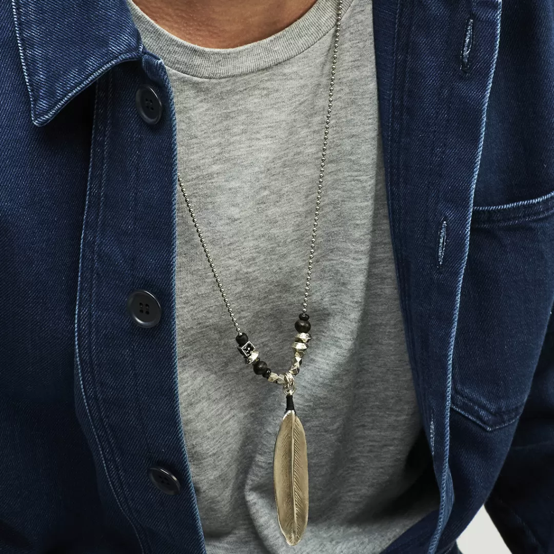 Gas Bijoux Sautoir Plume Gravee Bis Homme Argente