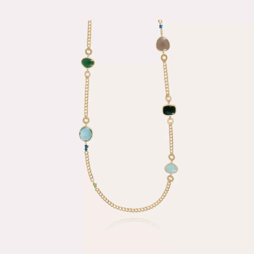 Gas Bijoux Sautoir Silene Dore-Calcite Grise, Onyx Vert, Zircone, Calcite Bleue & Quartz Vert
