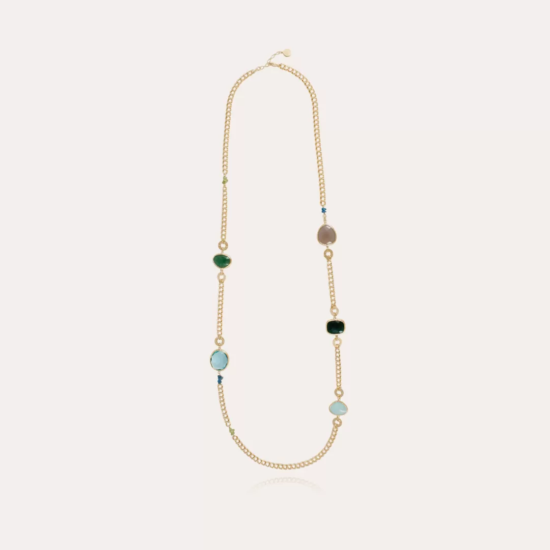 Gas Bijoux Sautoir Silene Dore-Calcite Grise, Onyx Vert, Zircone, Calcite Bleue & Quartz Vert